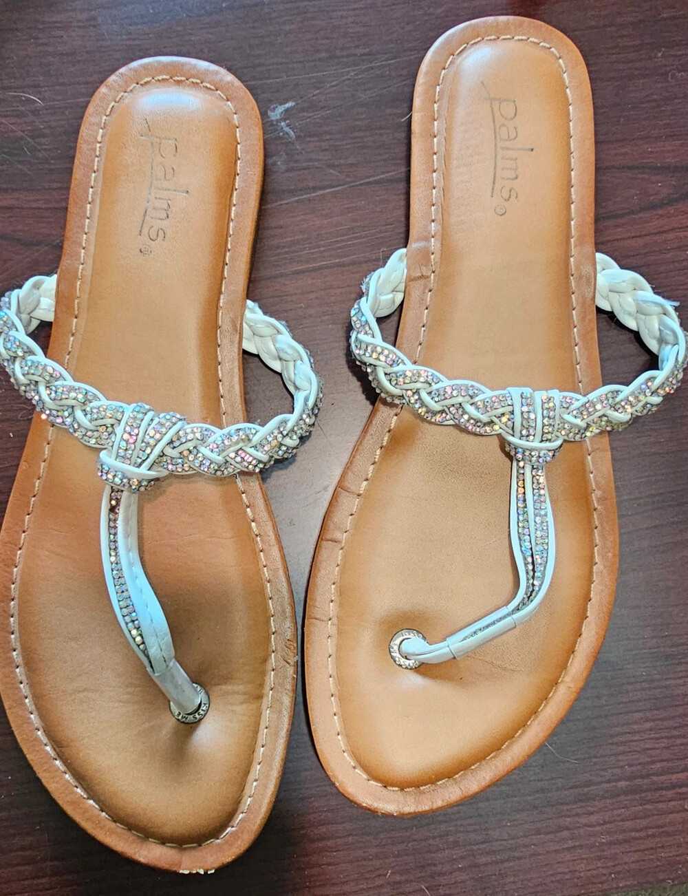 Palms Rhinestone Braided Thong Sandals White Tan Size 9 Boho